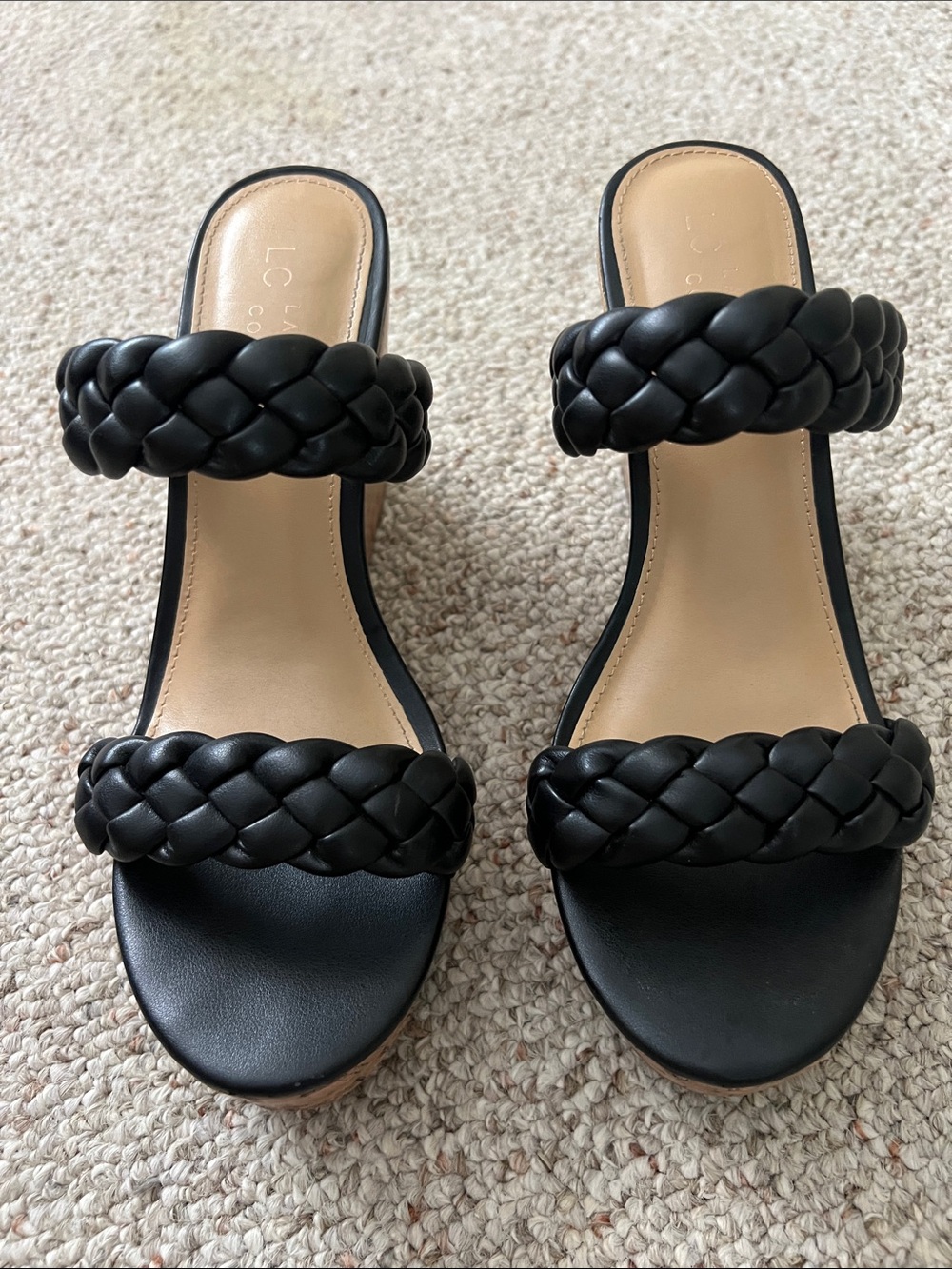 LC Lauren Conrad Black Braided Double-Strap Wedges